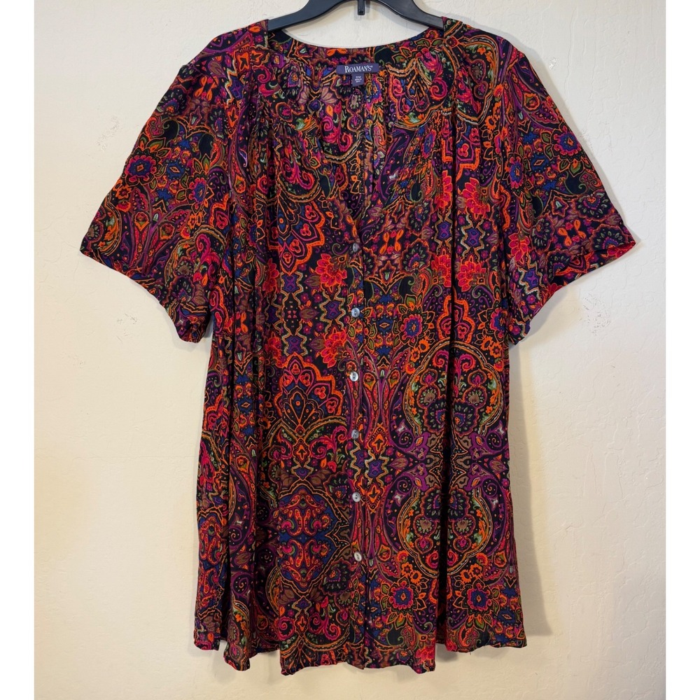 Roaman's Tunic Top Women Plus 22W Paisley Button Front Rayon Boho Artsy